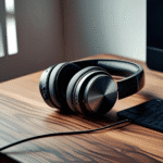 Black over-ear headphones on a wooden desk
