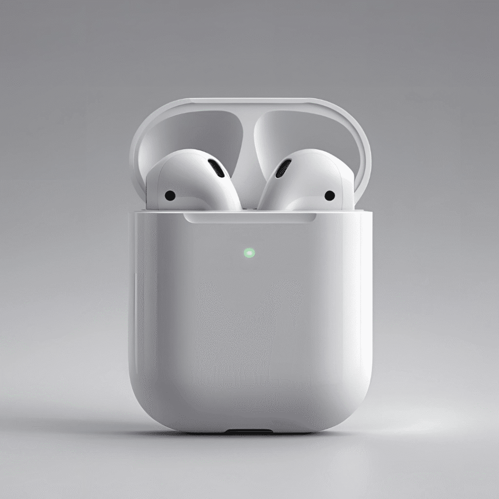 White wireless earbuds with charging case