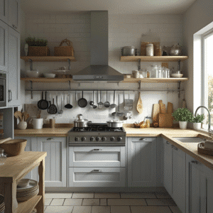 Compact kitchen with open shelves and green plants