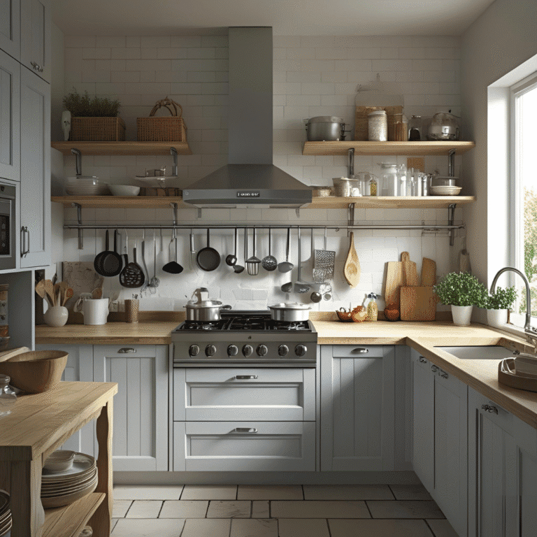 Compact kitchen with open shelves and green plants