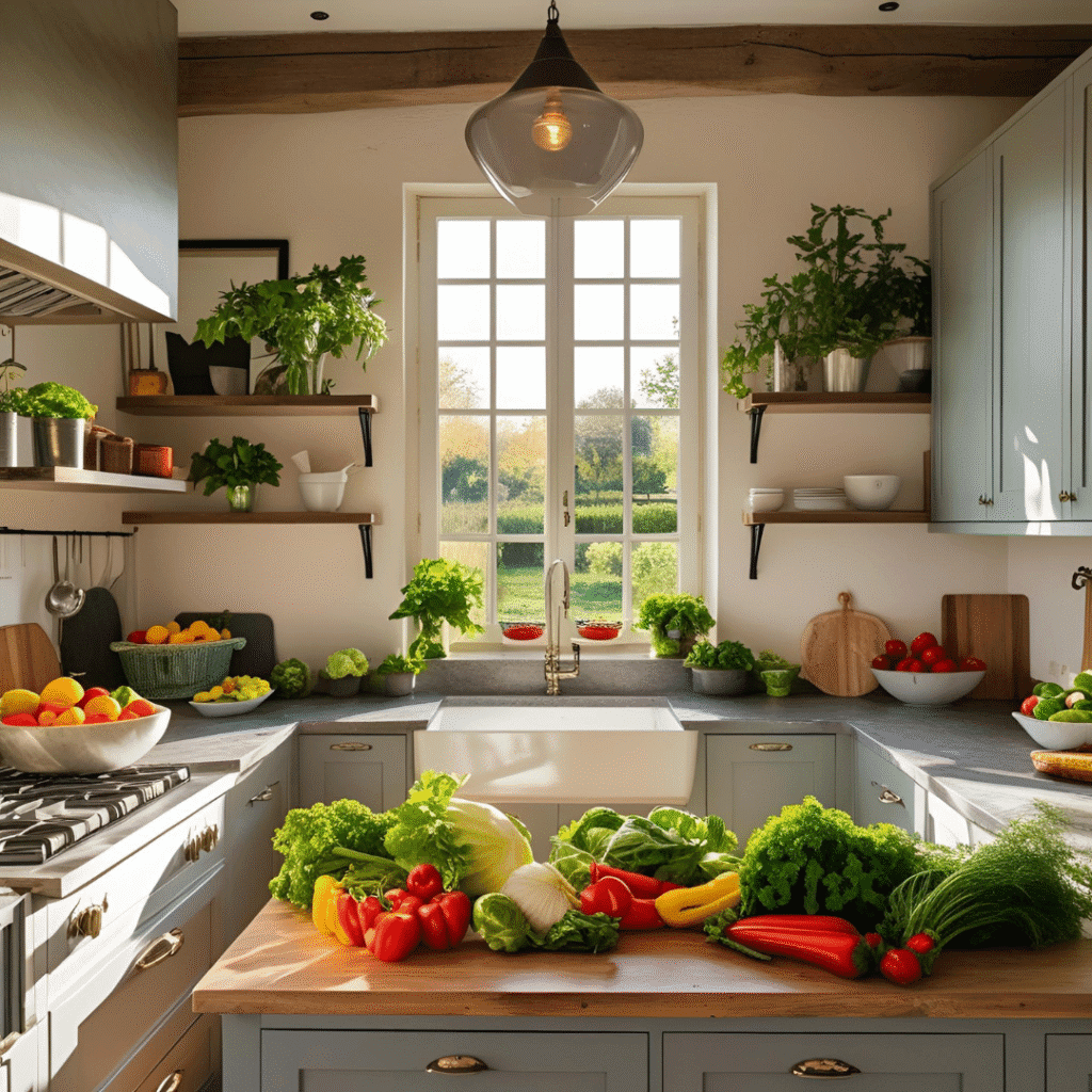 Kitchen with hanging pots and pans