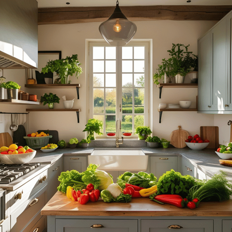 Kitchen with hanging pots and pans