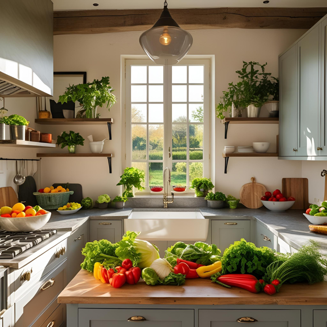 Kitchen with hanging pots and pans