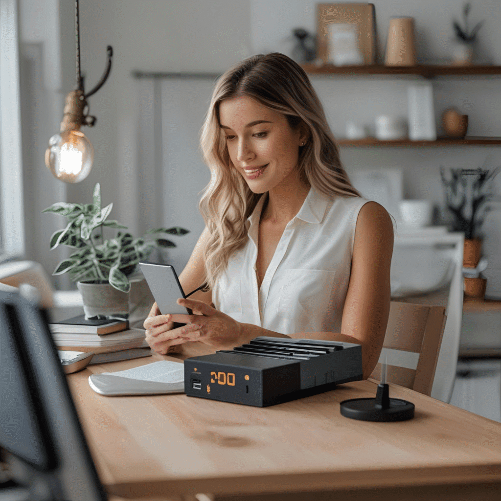 Modern tech gadgets on a desk, including a smartphone, smartwatch, and earbuds