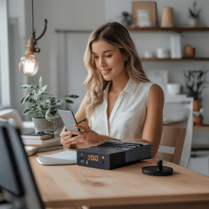 Modern tech gadgets on a desk, including a smartphone, smartwatch, and earbuds