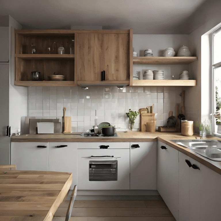 Rustic kitchen with wooden beams and stone wall