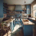 Kitchen island with bar stools and pendant lighting