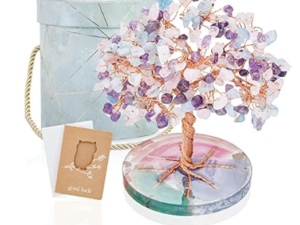 ZenBless 7 Chakra Healing Crystals Stones Tree, Amethyst, Pink Crystal, Aquamarine Leaf Wire Wrapped on Natural Agate Slice Base, Home Office Desk Living Room Feng Shui Decoration for Luck