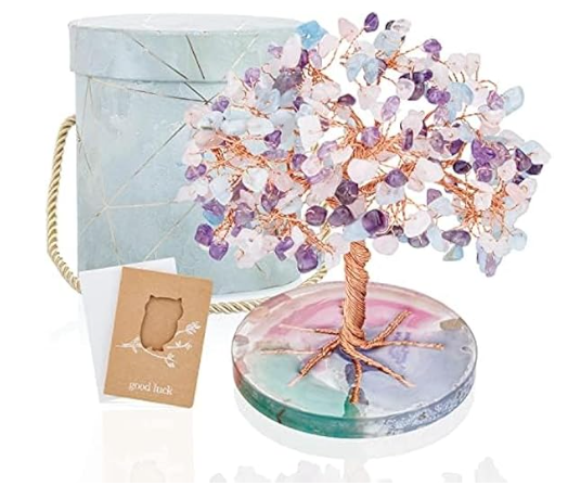 ZenBless 7 Chakra Healing Crystals Stones Tree, Amethyst, Pink Crystal, Aquamarine Leaf Wire Wrapped on Natural Agate Slice Base, Home Office Desk Living Room Feng Shui Decoration for Luck