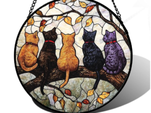 Stained Glass Window Hanging - 5 Cats on a Branch Suncatcher for Window Doors Home Decoration and Christmas, Mother's Day Father's Day Birthday Gifts for Women, Men, and Mom 6.3x6.3 in