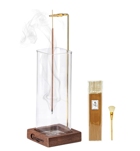 Ceremony Incense Holder, Wooden Incense Holder for Sticks with Glass Ash Catcher, Anti-ash Incense Burner with 20 Incense Sticks and a Ash Brush for Meditation Yoga Spa Room Decor