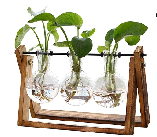 XXXFLOWER Plant Terrarium with Wooden Stand, Air Planter Bulb Glass Vase Metal Swivel Holder Retro Tabletop for Hydroponics Home Garden Office Decoration - 3 Bulb Vase