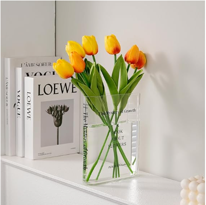 Click to see full view Product Image Product Image Product Image Product Image Product Image Product Image Product Video 9 VIDEOS Ask Rufus Can it hold tall flowers? Is the vase durable? Does it come with flowers? Ask something else Puransen Clear Book Flower Vase - Floral Bookshelf Decor, Acrylic Flower Holder & Space-Saving Organizer, Modern Home Office/Study Desk Minimalist Aesthetic (Not Including Flowers)