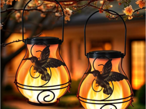 2 Pack Solar Lanterns Outdoor Waterproof Flickering Flame Lights Hummingbird Metal Hanging Solar Lantern Patio Porch Garden Decoration