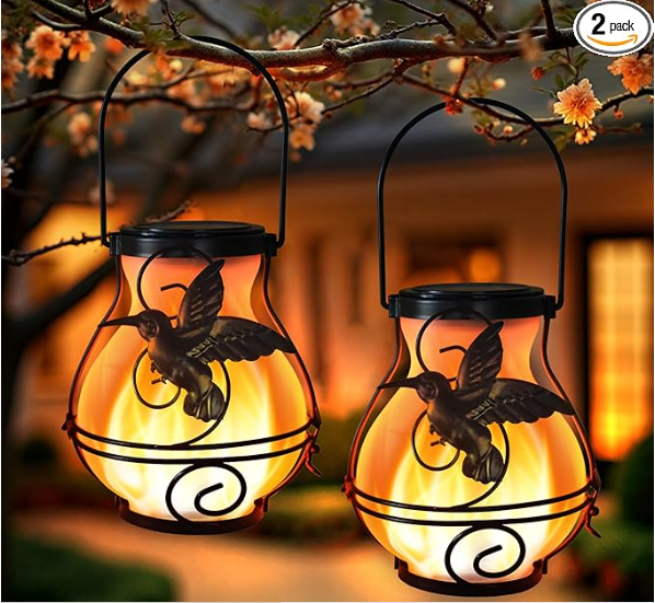 2 Pack Solar Lanterns Outdoor Waterproof Flickering Flame Lights Hummingbird Metal Hanging Solar Lantern Patio Porch Garden Decoration